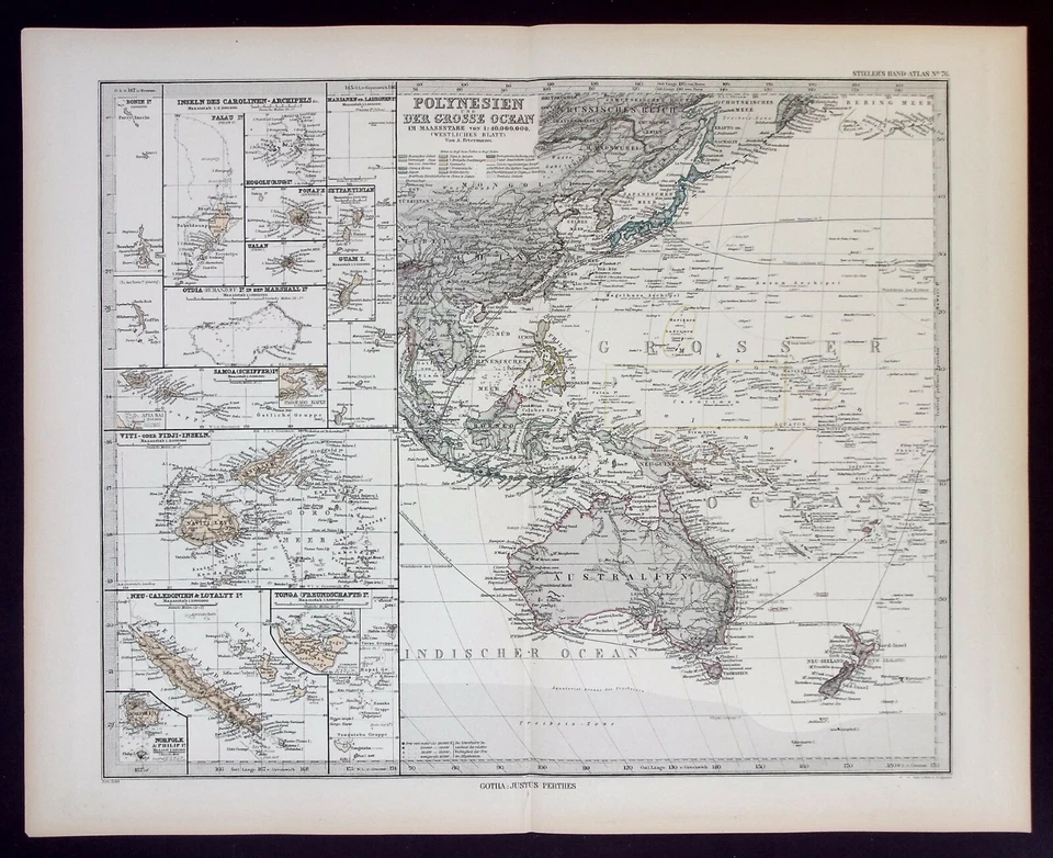 POLINESIA, AUSTRALIA, NUEVA ZELANDA, PACÍFICO, mapa antiguo original, Stieler, 1889 Foto 1 de 4
