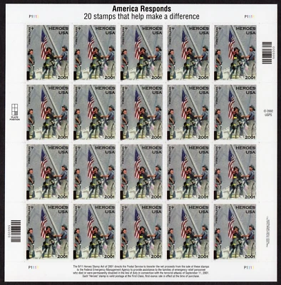 Scott #B2 9-11 America Responds Full Sheet of 20 Stamps - MNH P#P1111 - Image 1 of 2