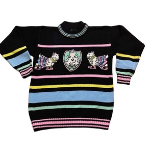 VINTAGE 80S SISTER SISTER GIRLS SWEATER SIZE M 10-12 COLORFUL SCHNAUZER PRINT - Picture 1 of 6