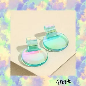 Round Acrylic Dangle Post Earrings Retro Style Iridescent Green BNWTs - Picture 1 of 4