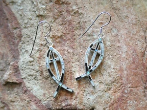 Christian Fish Symbol Cross Buffalo Turq Gemstone Sterling Silver Earrings AN61 - Picture 1 of 7