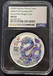 🐉 2024 P125 Australia $1 - Year of the Dragon - Lilac - NGC MS 69 - ANDA Expo - Picture 1 of 2