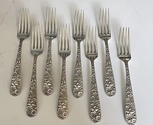 Set Of 8 Sterling S KIRK & SON 7 7/8" Dinner Size Forks REPOUSSE ~No MONO Rare ! - Picture 1 of 9