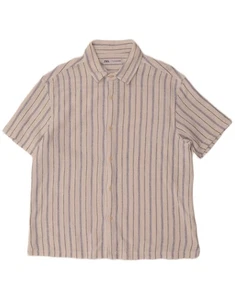 ZARA Mens Short Sleeve Shirt XL White Striped Cotton DY04 - Picture 1 of 3