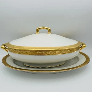 G Ahrenfeldt Limoges White Gold Oval Covered Vegetable Bowl Platter - Picture 1 of 17