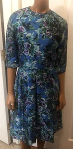Vintage 50s 1950s Blue Floral Sateen Tea Dress Lightly Pleated 3/4 Sleeves - Picture 1 of 14