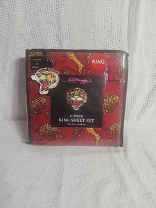  Brand New Ed Hardy King Sheet Set 6-Piece Bold Dark Red with Tigers Print  - Picture 1 of 5