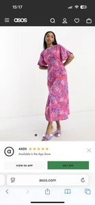 ASOS Influence Plus flutter sleeve midi tea dress in blue floral print Size 22 - Picture 1 of 3