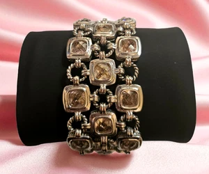 Rhodium Plated Cushion Cut Pale Pink Glass Triple Row Chunky Bracelet~7.5" Long - Bild 1 von 5