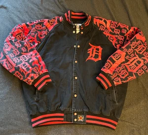 Vintage Detroit Tigers MLB Jacket JH Design Black Denim Red Allover Print 3XL - Picture 1 of 5