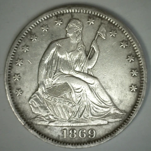 1869 S Seated Liberty Half Dollar Silver Extra Fine Coin Cleaned Cover