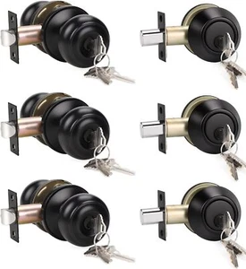 3 Pack Keyed Alike Entry Door Knobs and Single Cylinder Deadbolt Lock - Picture 1 of 32