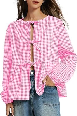 Women's Elbow Sleeve Peplum Tie-Front Blouse Long Sleeve Shirt Babydoll Blouse — 第 1/2 张图片