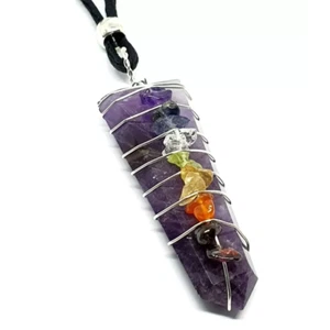 Amethyst Pendant 7 Chakra Necklace Wire Flat Pointed Crystal Gemstone Jewellery - Picture 1 of 8