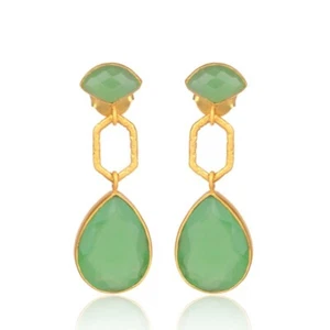 18K Gold Plated Celebration Choice Earrings Green Prehnite Kite-Pear-Rhombus - Picture 1 of 6