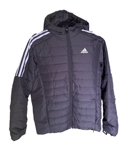 Adidas Hooded Puffer Jacket Black White Stripe Logo Zipper Big Kid Size XL 18-20 - Picture 1 of 10