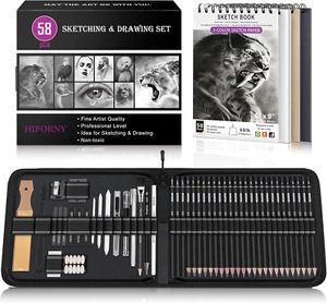 Set 58 Matite Da Disegno e Schizzi Con Album a 3 Colori, Grafite, Carbone - Foto 1 di 7