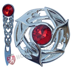 Keltischer Knoten Kilt Pin Chrom 4"/Schottische Kilt Fliege kariert Brosche roter Stein Schlange - Bild 1 von 3