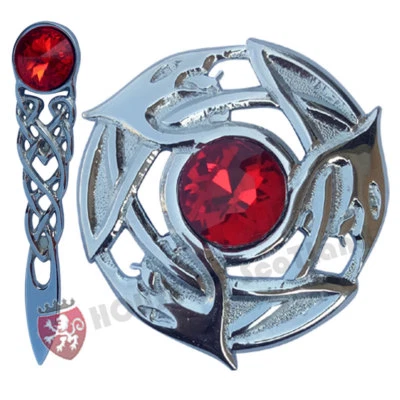 HOUSE OF SCOTLAND Keltischer Knoten Kilt Pin Chrom 4"/Schottische Kilt Fliege kariert Brosche roter Stein Schlange