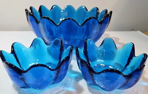 Vtg Blenko Art Glass Cobalt Blue Lotus 14 Petal Salad Bowl w/2 Salad Bowls #1187 - Picture 1 of 11