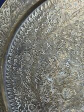 Vintage Solid Brass Floral Engraved Display Plate Tray Heavy Patina 15 Inch