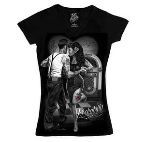 David Gonzales Art DGA Rockabilly Musik Tanzen Tattoo Damen V-Ausschnitt T-Shirt - Bild 1 von 3
