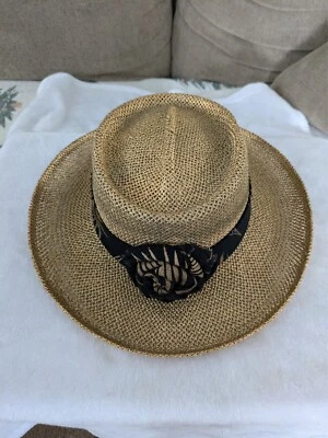 Vintage Black and Gold Wide Brim Summer Hat 1980's Beach Wedding Size Lg - Image 1 of 4