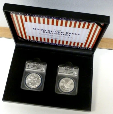 USA 2021 American 1oz Silver Eagle 2-Coin graded MS70 Boxed set Type I & Type II - Image 1 of 4