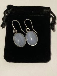 Sterling Silver & Blue Lace Agate Oval Drop Earrings (5.16g) - Picture 1 of 11