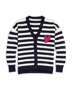 AQUA Girls Striped Cardigan with Heart Patch, Navy/White, Large - Picture 1 of 4