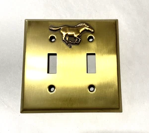 Double Light Switch Plate Cover Brass- Double Toggle - running MUSTANG Design - Picture 1 of 3