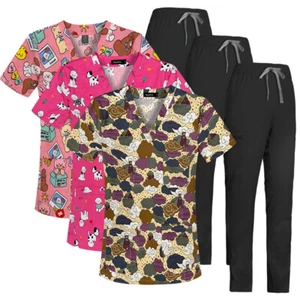 Women Men Medical Printed Scrub Tops Nursing Shirt Employee Uniform Wholesale - Picture 1 of 69