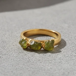 Yellow Gold Raw Peridot Rings Three Stone Rough Ring Natural Raw Crystal Jewelry - Picture 1 of 9