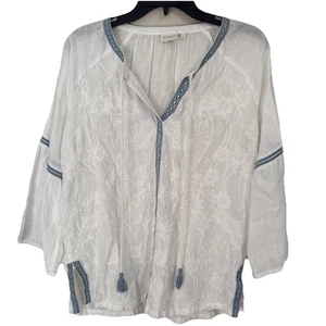 Spartina 449 Linen Tunic Top Womens Size Large Embroidered Tassel Beachy Hippie - Picture 1 of 7