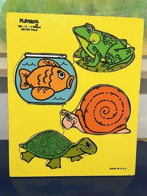 Juguete rompecabezas de madera Playskool Water Pals 4 piezas #180-11 de colección años 80 pez rana caracol tortuga Foto 1 de 4
