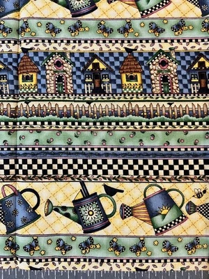 DEBBIE MUMM BIRDHOUSE WATERING CAN BORDER STRIPE VINTAGE COTTON FABRIC 29” x 42” - Image 1 of 3