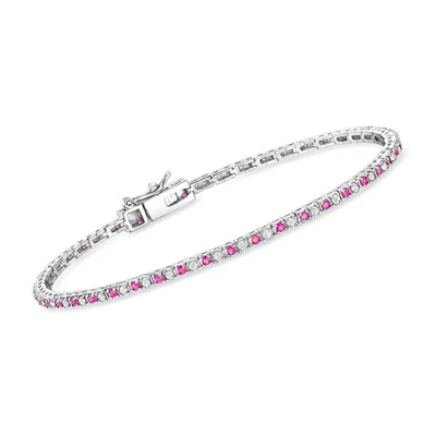 2 Ctw Round Cut Ruby & Diamond Tennis Women's Bracelet 14K White Gold Plated - Image 1 of 4