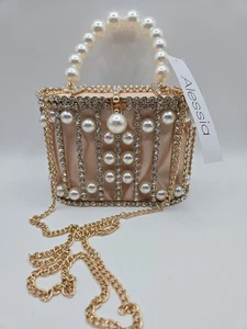 ALESSIA Cage Box estrás y perla mango superior cadena bandolera nueva con etiquetas  - Imagen 1 de 8