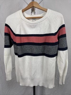 Suéter feminino vintage LL Bean XL branco rosa cinza listrado algodão gola redonda malha - Imagem 1 de 4