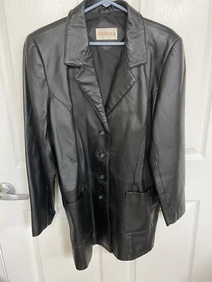 VINTAGE Venezia Jacket Large Adult Black Leather Trench Coat Outdoor 90s Womens - Image 1 of 4