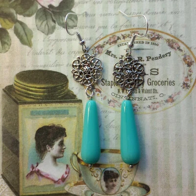 Handmade Turquoise Blue Czech Teardrop Glass Bead & Filigree Charm Earrings - Image 1 of 4