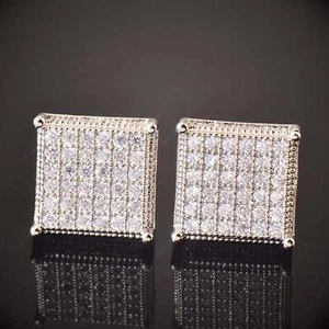 11mm Pave Earrings – Square Cut Stones, 18K Gold Plated, Statement Jewelry - Picture 1 of 8