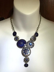 Cobalt Blue and Silver Colored Boho Round Circle Statement Necklace 16" to 19" - Picture 1 of 3
