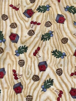 VTG SSI Fabric Debbie Mumm Tiny Vegetables Birdhouse Lt Brown Woodgrain 3/4Y - Image 1 of 3