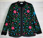 National Black Pink Aqua Floral Print Cotton Ls Jacket Blouse Top 2X Ec!
