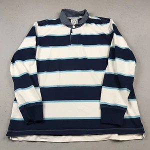 Lands End Shirt Mens XL White Blue Striped Rugby Polo Long Sleeve Cotton Heavy - Picture 1 of 9