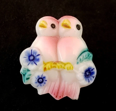 Vintage Glass Realistic Button Colorful Lovebirds 11/16" Cover