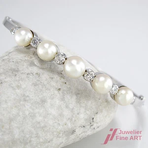 Bangle 585/14K White Gold Pearls 6 Diamonds Approx 0.90ct W-SI 17.6g 18cm - Picture 1 of 4