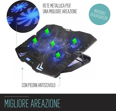 Supporto base raffreddamento Notebook 5 ventole 6 velocità 3 anni assicurazione - Immagine 1 di 2