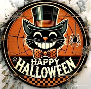 Dapper Top Hat Grinning Black Cat Vintage Theme Halloween Decor Hanging Sign - Picture 1 of 2